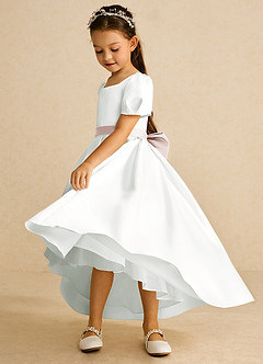 Azazie Zippy Flower Girl Dresses Ivory Rose Petal A-Line with Sleeves Matte Satin Dress image4