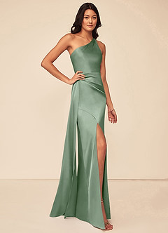 Azazie Maron Bridesmaid Dresses Matcha A-Line One Shoulder Stretch Satin Dress image3