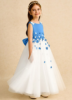 Azazie Eleni Blumenmädchenkleider Ballkleid Schleifen Tüll Kleid Elfenbein Blauhäher image5