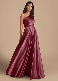 Azazie Charlize Bridesmaid Dresses Desert Rose A-Line One Shoulder Metallic Satin Dress image4