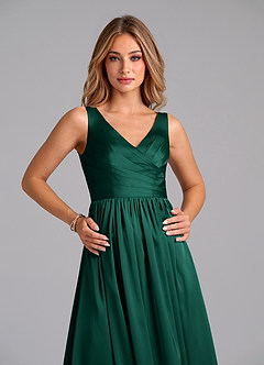 Azazie Keyla Bridesmaid Dresses Emerald A-Line Pleated Stretch Satin Dress image3