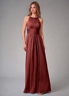 Azazie Bonnie Bridesmaid Dresses Terracotta A-Line Pleated Stretch Satin Dress image6