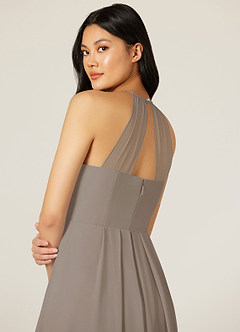 Azazie Sarah Bridesmaid Dresses Taupe Empire Pleated Chiffon Dress image7