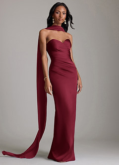 Azazie Jasmyn Bridesmaid Dresses Burgundy Sheath Strapless Stretch Satin Dress image4