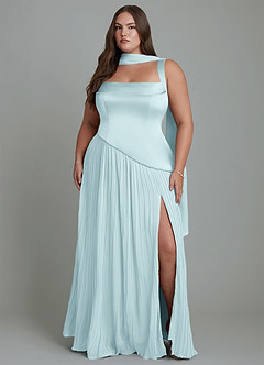 Azazie Stephanie Bridesmaid Dresses Cloud Blue A-Line Pleated Stretch Satin Dress image14