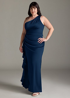 Azazie Latrice Bridesmaid Dresses Dark Navy Sheath One Shoulder Cascading Ruffles Stretch Satin Dress image8
