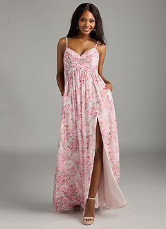 Azazie Alia Bridesmaid Dresses Abstract Watercolor Floral A-Line Pleated Chiffon Dress image2