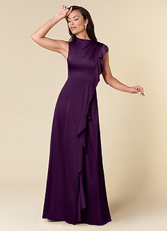Azazie Narine Mother of the Bride Dresses Grape A-Line High Neckline Pleated Stretch Satin Dress image1