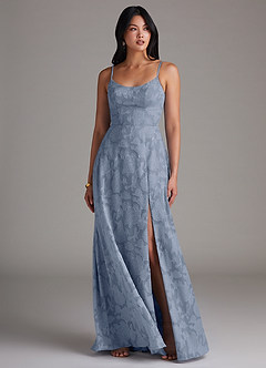Azazie Moira Robes de demoiselle d'honneur Robe Trapèze en Blumen-Burnout Fente Latérale Bleu Poussiéreux image4