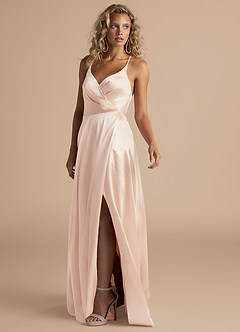 Azazie Davis Bridesmaid Dresses Rose Gold A-Line Pleated Metallic Satin Dress image5