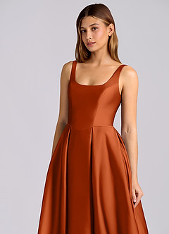 Azazie Amalie 신부 들러리 드레스 A라인 주름진 스트레치 새틴 티 길이 드레스 image6