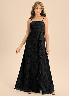 Azazie Kaylee Junior Black A-Line with Belt Floral Burnout Dress image4