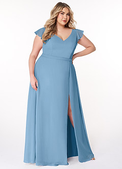 Azazie Claudine Jurken voor bruidsmeisjes Jurk van Chiffon met A-Lijn Fladdermouw Staal Blauw image10