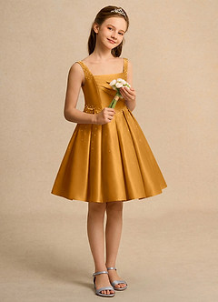 Azazie Jello Girls Formal Flower Girl Dresses Butterscotch Ball-Gown Pleated Matte Satin Dress image4