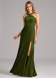 Azazie Rue Robes de demoiselle d'honneur Robe Trapèze en velours Plissée Olive image1