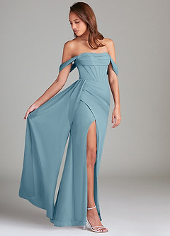 Azazie Amyra Jurken voor bruidsmeisjes Converteerbaar Jurk van Chiffon met Kolom Off the Shoulder Mystiek Blauw image3