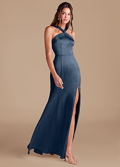 Azazie Rue Bridesmaid Dresses Dark Navy Mermaid Pleated Metallic Satin Dress image4