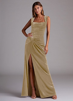 Azazie Genesis Bridesmaid Dresses Golden Tan Sheath Pleated Velvet Dress image1