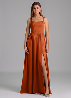 Azazie Rosaline Vestidos de damas de honor Vestido de Naranja Quemada de Satén Elástico de Corte en A con Corte Lateral image3