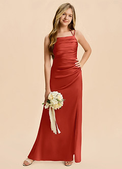 Azazie Nova Junior Rust A-Line Pleated Stretch Satin Dress image5