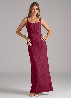 Azazie Kenna At-home Try On Dresses Burgundy Sheath Side Slit Floral Burnout Dress image3