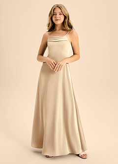 Azazie Anselie Junior Champagne A-Line Off the Shoulder Stretch Satin Dress image3