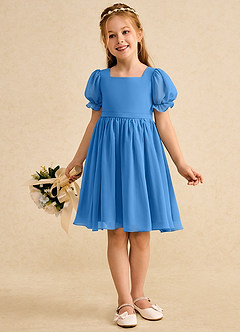 Azazie Jolie Flower Girl Dresses Blue Jay A-Line with Sleeves Chiffon Dress image4