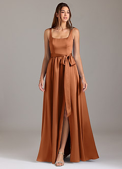 Azazie Elliott Bridesmaid Dresses Copper A-Line with Pockets Stretch Satin Dress image3