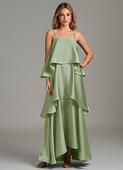 Azazie Azalea At-home Try On Dresses Dusty Sage A-Line Ruched Stretch Satin Dress image1
