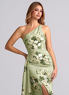 Azazie Maron Bridesmaid Dresses Floral Vines A-Line One Shoulder Stretch Satin Dress image5