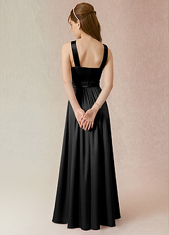 Azazie Jiya Junior Black A-Line Pleated Metallic Satin Dress image2