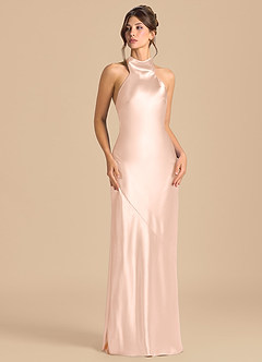 Azazie Velli Bridesmaid Dresses Rose Gold Sheath High Neck Metallic Satin Dress image2