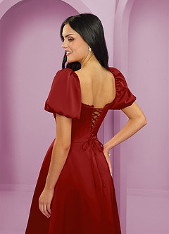 Barbie ♥ Azazie Bridesmaid Dresses Pomegranate A-Line Ruched Stretch Satin Dress image6