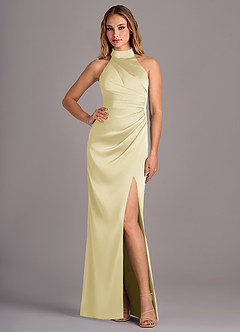 Azazie Jemma Bridesmaid Dresses Lemon Sorbet Sheath Pleated Stretch Satin Dress image4