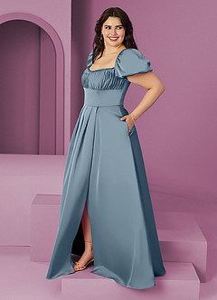 Barbie ♥ Azazie Robes de demoiselle d'honneur Robe Trapèze en Satin extensible Rayé Bleu Poussiéreux image9