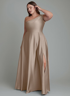 Azazie Melanie Bridesmaid Dresses Taupe A-Line Off the Shoulder Stretch Satin Dress image9