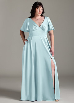 Azazie Kimber Bridesmaid Dresses Cloud Blue A-Line Ruched Stretch Satin Dress image9