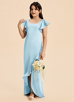 Azazie Demi Junior Vestido de Azul Cielo de Satén Elástico de Corte en A con Lazo image4