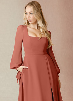 Azazie Leonia Bridesmaid Dresses Clay A-Line Long Sleeve Chiffon Dress image6
