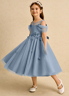 Azazie Juni Flower Girl Dresses Dusty Blue Ball-Gown Pleated Tulle Dress image3