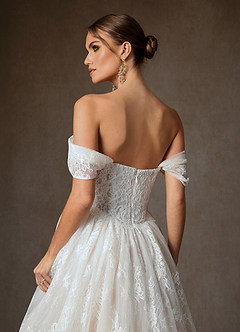 Azazie Justice Wedding Dresses Diamond White Champagne Ball-Gown Off the Shoulder Lace Dress image9