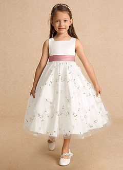 Azazie Pollie Blumenmädchenkleider A-Linie Schleifen Tüll Kleid Elfenbein Altrosa image22