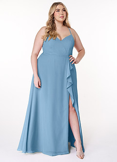 Azazie Naeem Bridesmaid Dresses Steel Blue A-Line V-Neck Ruffle Chiffon Dress image9