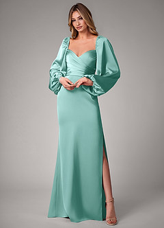 Azazie Sonata Bridesmaid Dresses Aqua Sheath Long Sleeve Stretch Satin Convertible Dress image1