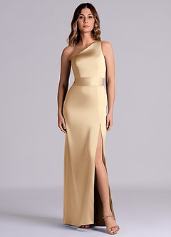 Azazie Phaedra Bridesmaid Dresses Champagne A-Line One Shoulder Stretch Satin Dress image8