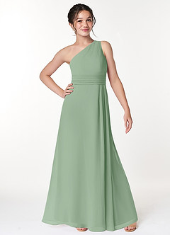 Azazie Cleo Junior Abito A-Line in Chiffon Plissettato Matcha image4