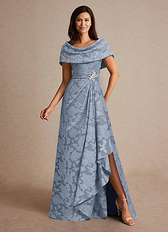 Azazie Branford vestidos de madre de la novia Vestido de Azul Polvoriento de Devorado Floral de Corte En A con Plisado image4
