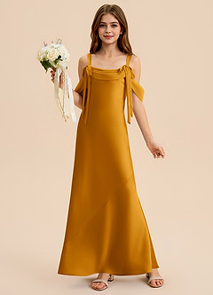 Azazie Bellalina Junior Butterscotch Mermaid Pleated Stretch Satin Dress image1