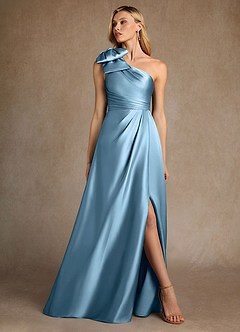 Azazie Easton Mother of the Bride Dresses Steel Blue A-Line One Shoulder Stretch Satin Dress image4