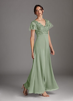 Azazie Singer Mother of the Bride Dresses Dusty Sage A-Line V-Neck Lace Chiffon Dress image3
